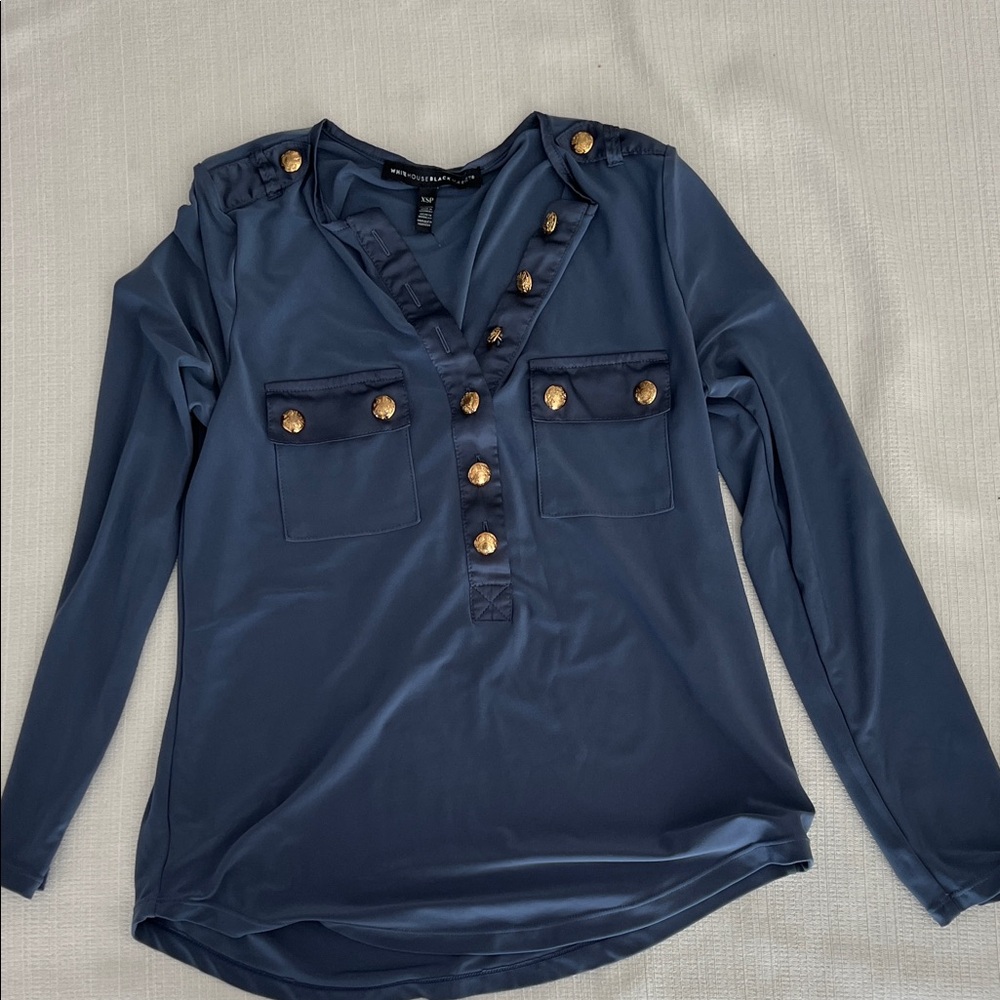 White House Black Market Navy Blouse with Gold Buttons